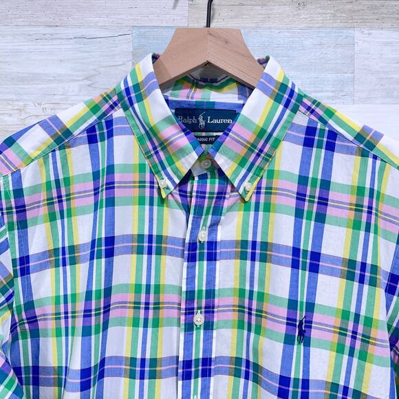Ralph Lauren Classic Fit Short Sleeve Poplin Shirt Multi Plaid Preppy Mens Large - Picture 2 of 6